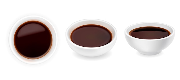 Vector realistische sojasaus in een kom. illustratie van balsamico-azijn geïsoleerd op een witte achtergrond. dressing in ronde ramekin. zij- en bovenaanzicht