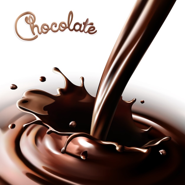 Vector realistische splash vloeiende chocolade of cacao op een witte achtergrond. geïsoleerde ontwerpelementen