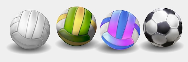 Vector realistische sportballen voor het spelen van games vector illustraties set. ronde sportuitrusting pictogrammen geïsoleerd op een witte achtergrond. illustratie van voetbal en volleybal bal