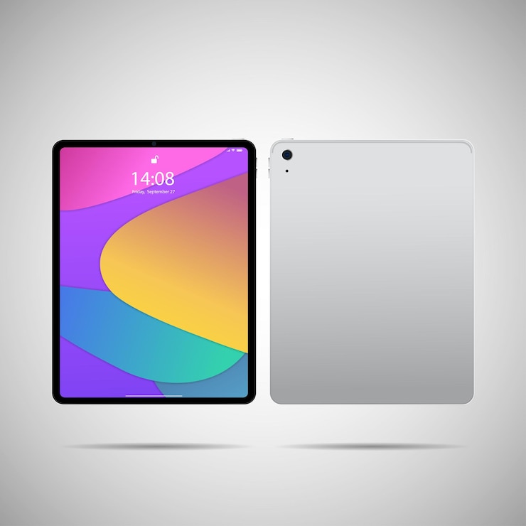 Vector realistische tablet-pc-vectorillustratie in trendy dun frame-ontwerp met voor- en achterkantaanzicht