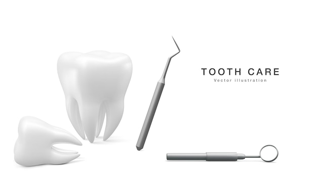 Realistische tand tandheelkundige sonde en tandheelkundige spiegel voor tanden geïsoleerd op witte achtergrond Medisch tandarts hulpmiddel Tandheelkunde gezondheidszorg hygiëne Concept Vector illustratie