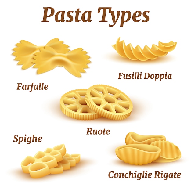 Realistische traditionele italiaanse pasta soorten ingesteld