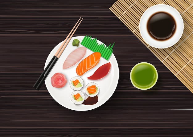 Realistische traditionele japanse sushi op houten tafel