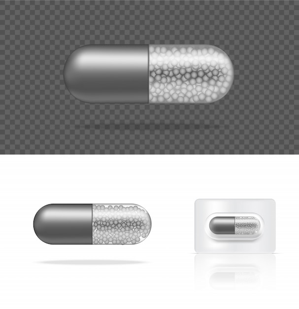 Vector realistische transparante pil geneeskunde capsule paneel op witte achtergrond afbeelding. medische tabletten en gezondheidsconcept.