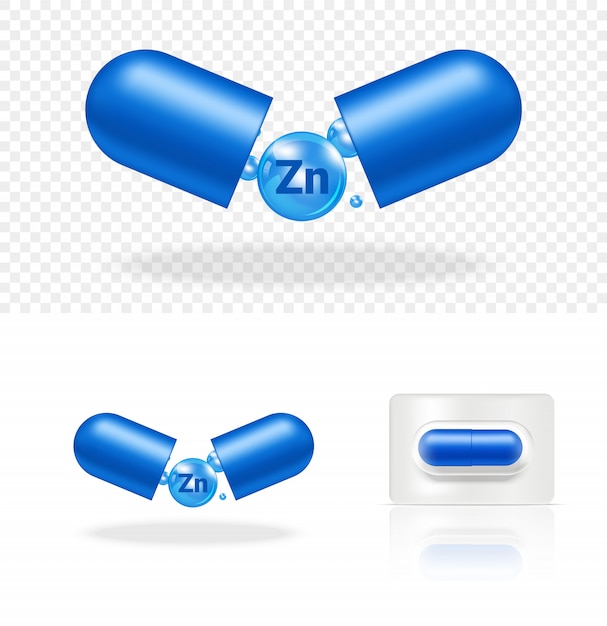 Vector realistische transparante pil vitamine zink geneeskunde capsule paneel op witte achtergrond afbeelding. medische tabletten en gezondheidszorgconcept.