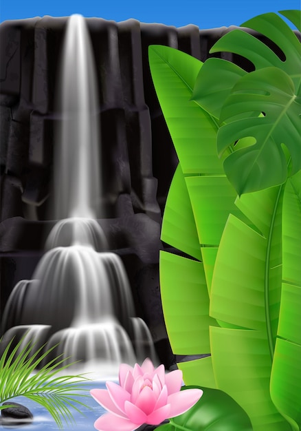 Vector realistische tropische waterval met bladeren en bloemenillustratie