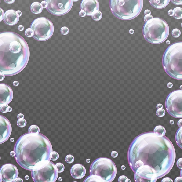 Realistische vallende zeepbellen met regenboogreflectie schittering feestelijke iriserende schuimbellen png