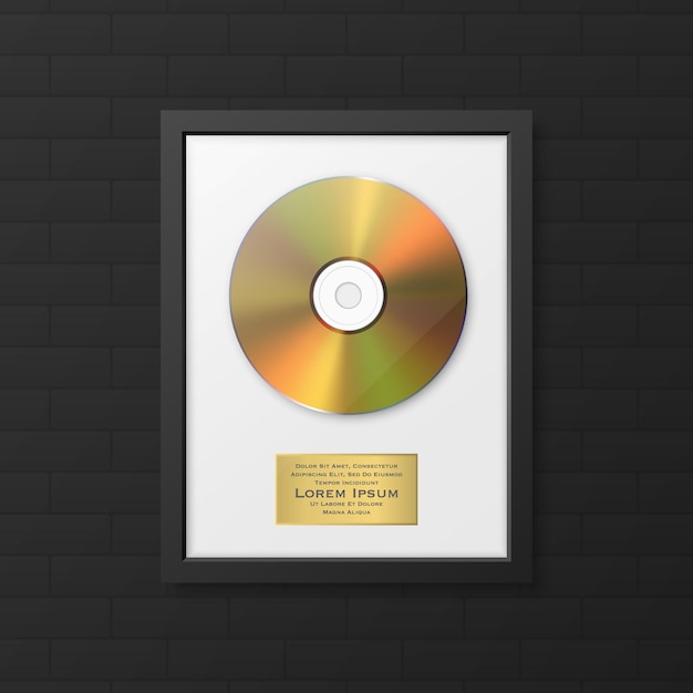 Realistische Vector 3d Gele Gouden CD-label met zwart CD-coverframe op zwarte bakstenen muur