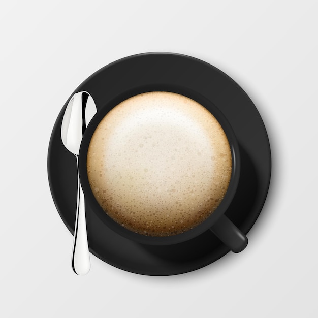 Realistische Vector 3d glanzende lege zwarte koffiekopje of mok met cappuccino en thee of koffielepel close-up geïsoleerd op een witte achtergrond ontwerpsjabloon van koffiemok of kopje Mockup bovenaanzicht