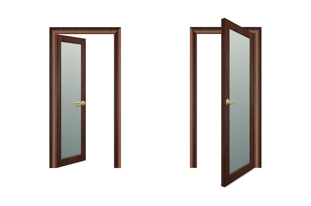 Realistische vector geopend en gesloten witte houten deur Icon Set close-up geïsoleerd op bruine achtergrond elementen van het platform ontwerpsjabloon van klassieke huisdeur voor grafische vooraanzicht