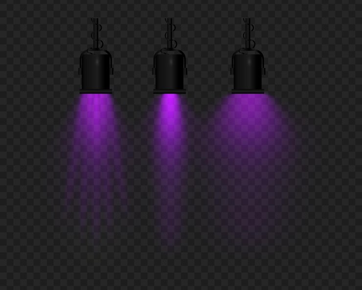 Vector realistische vector hanglampen met paars licht op een doorzichtige achtergrond zwarte metalen lichaam opgehangen structuur zachte verlichting straal effect podium projector gloeiende reflectie