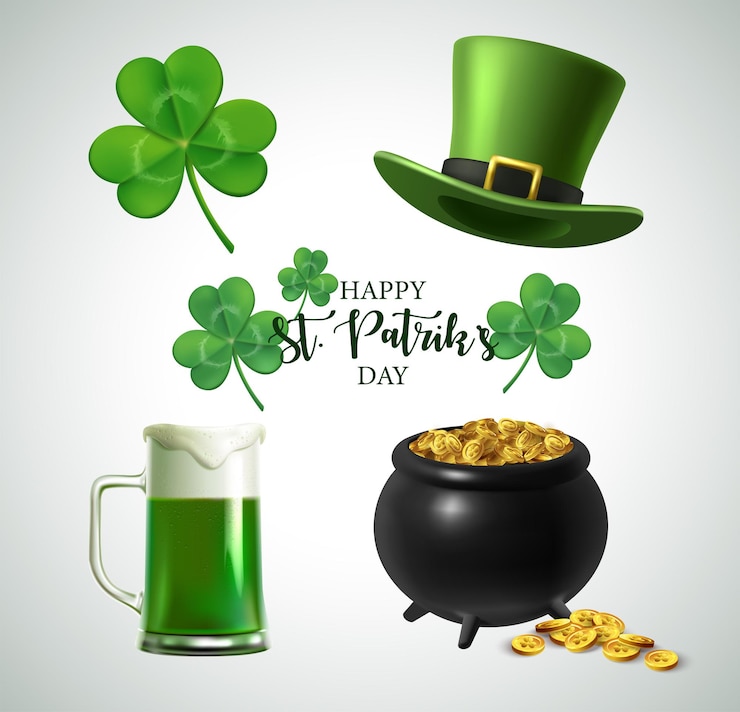 Vector realistische vector icoon set st patrick's day icoonen klawer shamrocks groene bier ketel met go