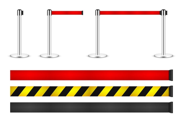 Vector realistische vector intrekbare gordel stempel menigte controle barrière posten met waarschuwing riem rij