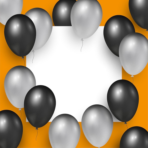 Realistische vector lege oranje ontwerpsjabloon met zilveren en zwarte vliegende helium glanzende ballonnen