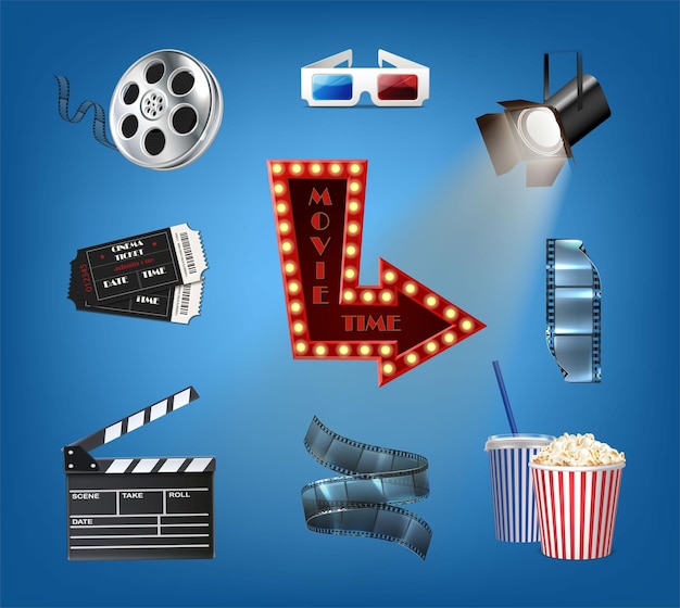 Realistische vector stijlicoon. collectie van film bioscoop iconen, 3d-bril, tape, popcorn, klepel, s