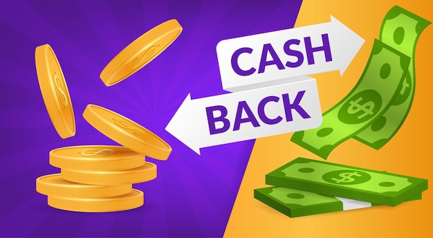 Realistische vectorafbeelding met 3D-munten en bankbiljetten voor financiële planning budgettering cashback