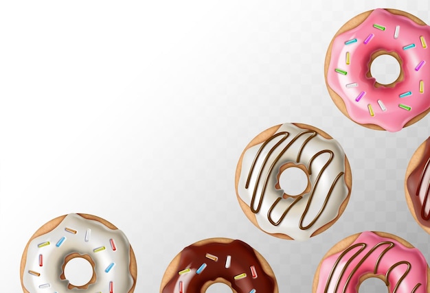 Realistische vectorillustratie Set vers gebakken kleurrijke geglazuurde donuts in chocolade en