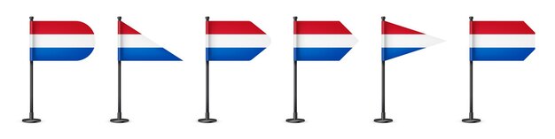 Vector realistische verschillende nederlandse tafelvlaggen op een zwarte stalen paal souvenir van nederland tafelvlag gemaakt