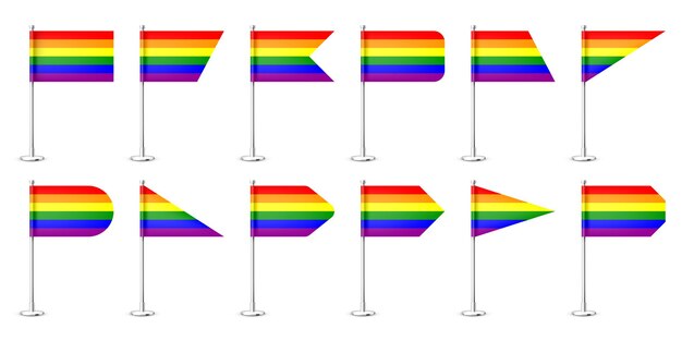 Realistische verschillende tafelvlaggen op een kromstaalpaal regenboog lgbt bureauvlag gemaakt van papier of stof