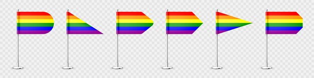 Realistische verschillende tafelvlaggen op een regenboog van chroomstaalpaal lgbt bureauvlag van papier of stof