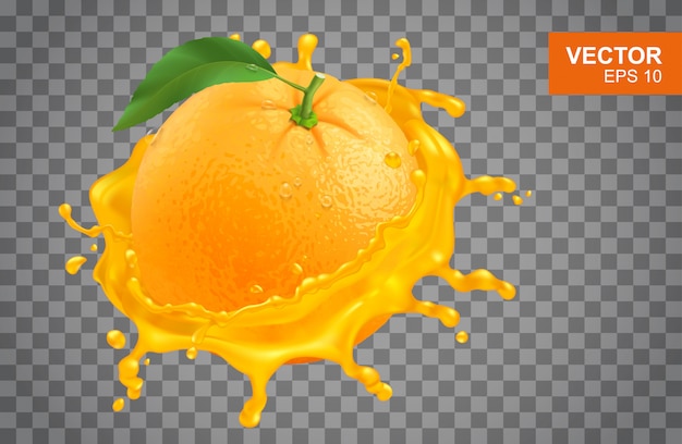 Realistische verse sinaasappel en splash van jus d'orange illustratie