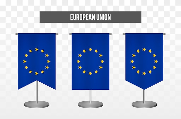 Realistische verticale 3D-vector illustratie Bureauvlaggen van EU Europese Unie geïsoleerd