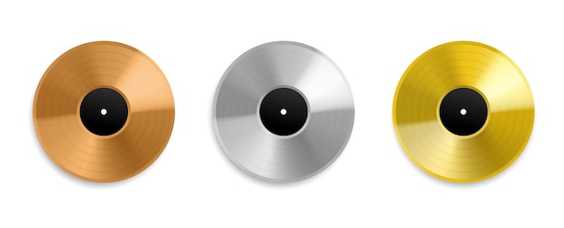 Realistische vinyl plaat Metal gouden en platina top charts audio discs muziek prijzen albums zilver en roosgoud lay-outs mockup Liedjes en zangers prijs Vector geïsoleerd op witte achtergrond set