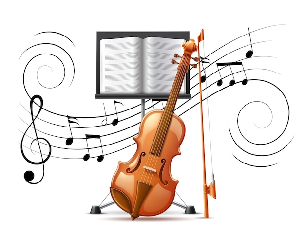 Realistische viool en muzieknotatie stroom g-sleutel en muziekrek vector