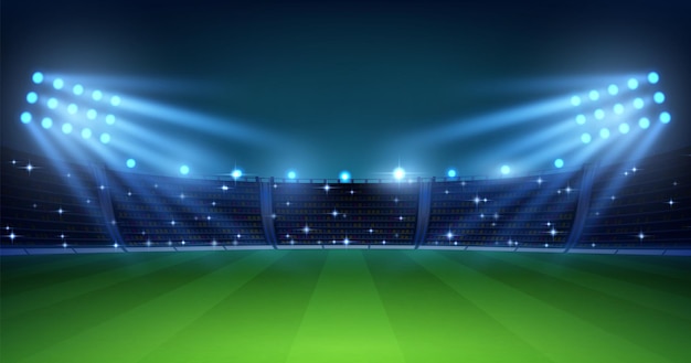 Realistische voetbalarena. Voetbalveld 's nachts met verlichte felle stadionlichten, groen gras en tribunes. Vector afbeelding achtergrond voor voetbalkampioenschap of match team