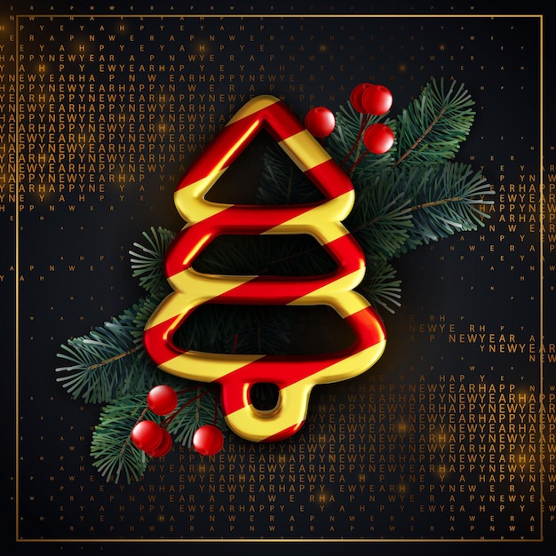 Realistische vrolijk kerstfeest. Vector vakantie illustratie. 3D glanzende kerstboom bord met rode bessen en sparren takken. Feestelijke evenementbanner. Decoratief element voor het ontwerp van de kerstomslag