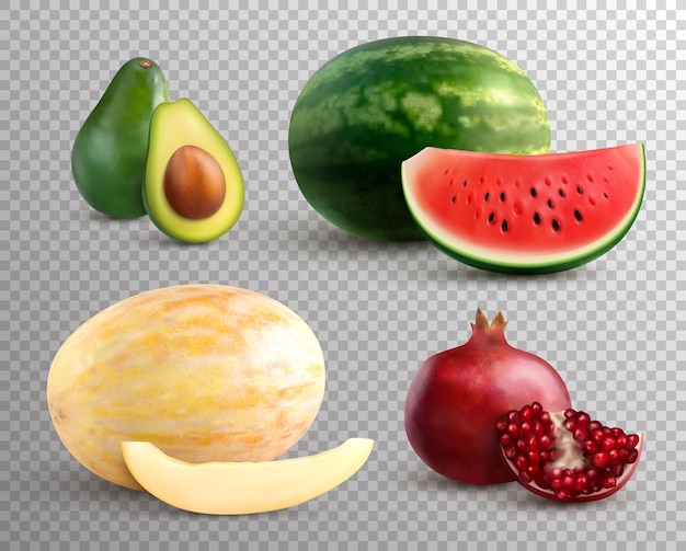 Realistische vruchten set met rijpe meloen, watermeloen, avocado en granaatappel geïsoleerd op transparant