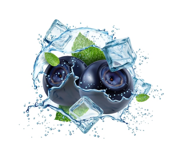 Realistische waterplons met bosbessen en ijsblokjes 3D-vector vloeibare werveling geïsoleerde zomer bosbes drank Verse vitaminedrank werveling met druppels en vliegende rijpe sappige blauwe tuinbes en munt