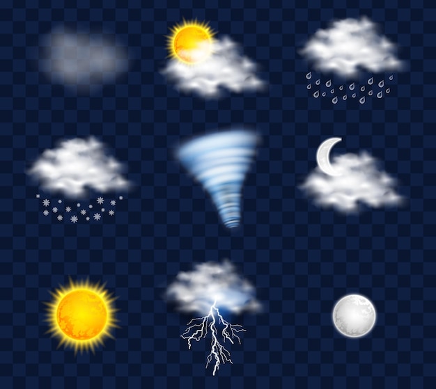 Realistische weerpictogrammen geïsoleerd set met wolk zon sneeuwvlokken regendruppels bliksem etc vector illust...