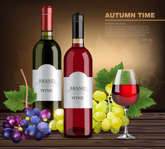 Realistische wijnflessen en druiven