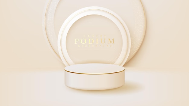 Realistische witte displaystandaard met gouden cirkellijnenscène, podium met product voor promotieverkoop en marketing. luxe stijl achtergrond. 3d-vectorillustratie.