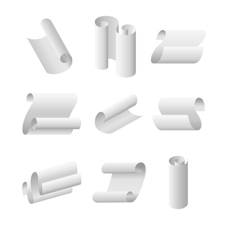 Realistische witte gebogen vellen papier scrollen en rollen realistische set