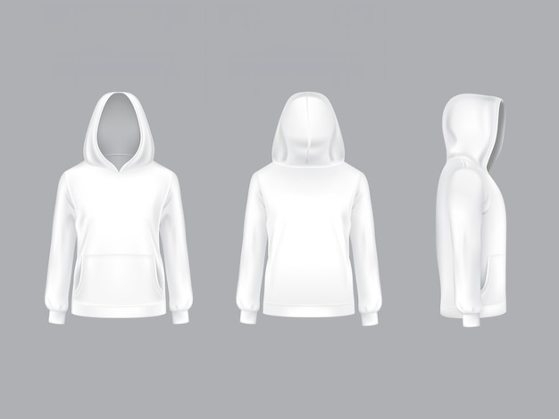 Vector realistische witte hoodie met lange mouwen en zakken, casual unisex model