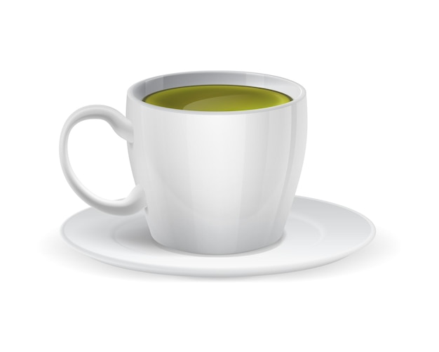 Realistische witte keramische beker met matcha Groene thee Natuurlijke gezonde Aziatische drank Japanse warme drank Zijkantbeeld van porseleinen beker met schotel Tafelgerei geïsoleerde sjabloon Vector café menu mockup