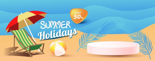 Realistische zomer grote verkoop banner en poster ontwerp met tropische strand achtergrond Vector