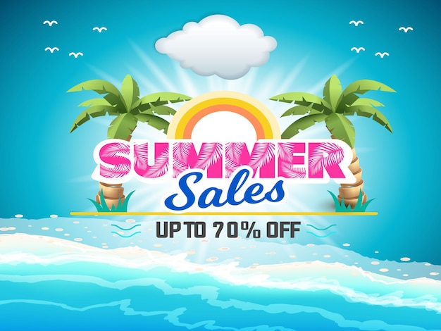 Realistische zomer super sale banner en poster ontwerp met tropische strand achtergrond Vector