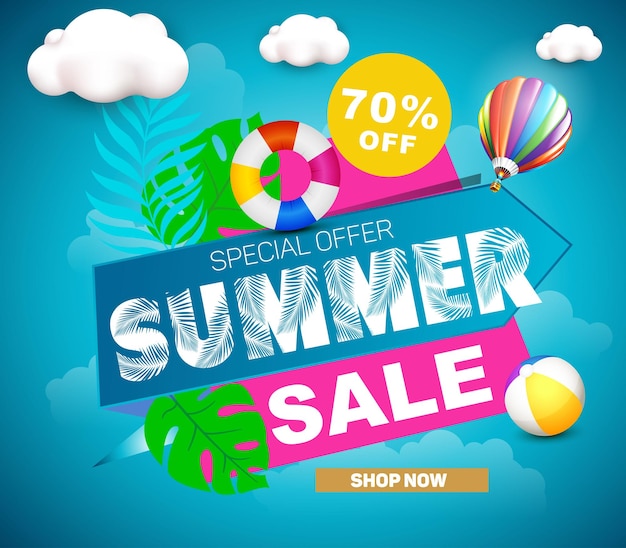 Realistische zomer super sale banner en poster ontwerp met tropische strand achtergrond Vector