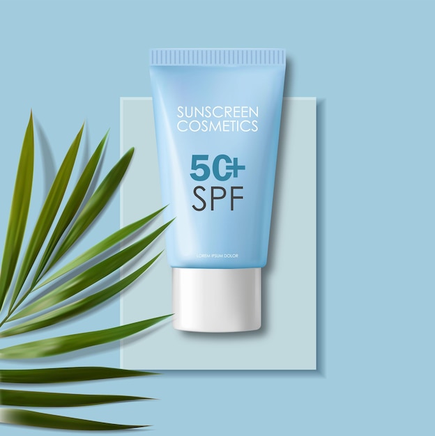 Vector realistische zonnebrandcrème fles cosmetica set tropisch ontwerp spf cosmetica vector verpakking mockup