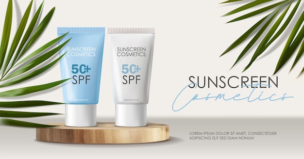 Vector realistische zonnebrandcrème fles cosmetica set tropisch ontwerp spf cosmetica vector verpakking mockup