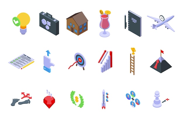 Vector realization icons set isometric vector. dream self victory. success leader forward