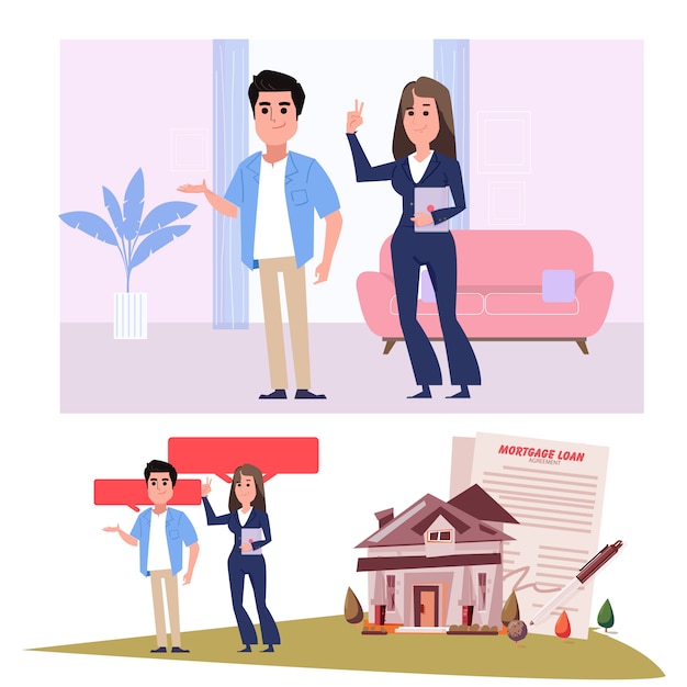 Vector realtor agent with clients - illustration