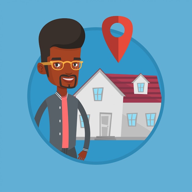 Realtor on background of house with map pointer.