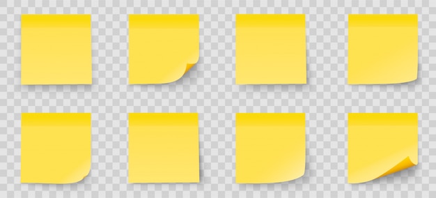 ベクトル 透明な背景に分離された現実的なセットスティックノート。黄色。影付きのメモ集を投稿する