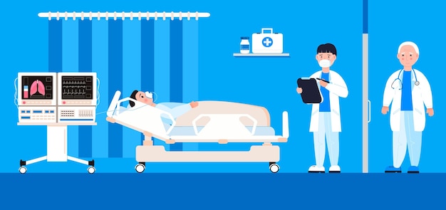 Reanimation equipment for unconscious patients Intensive care unit clinic with air oxygen sensor for medical ventilation Doctors treat patient with coronavirus vector