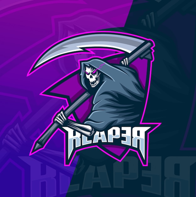 Mietitore teschio mascotte esport logo modello