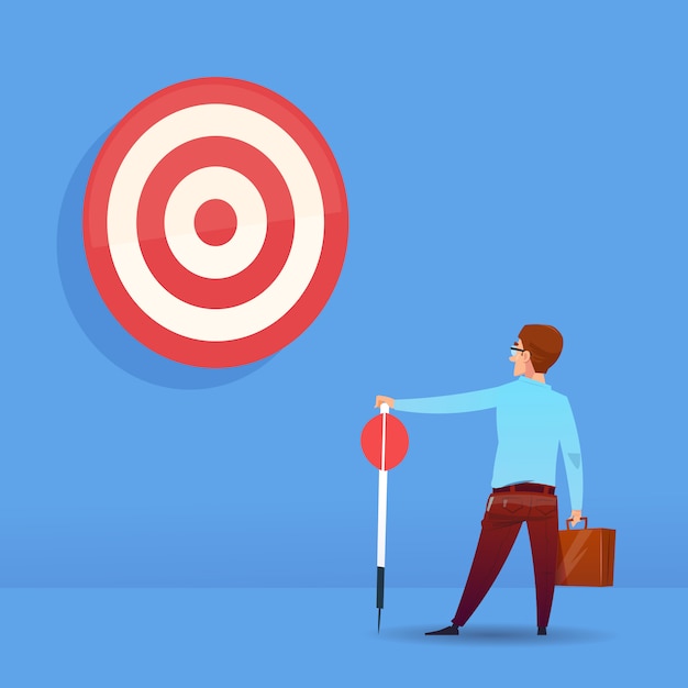 Vector rear view businessman holding arrow target business success concept on blue background flat